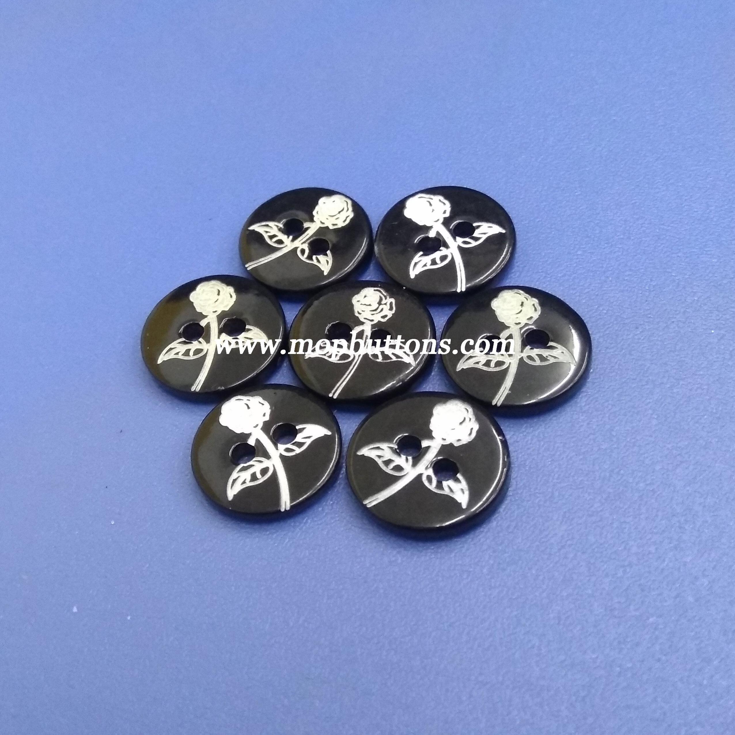 Flatback Freshwater Shell Buttons with White Rose Pattern
